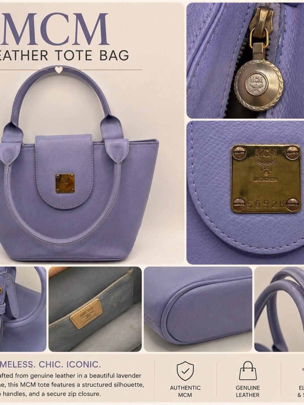 MCM Lavender Leather Tote with Gold Hardware